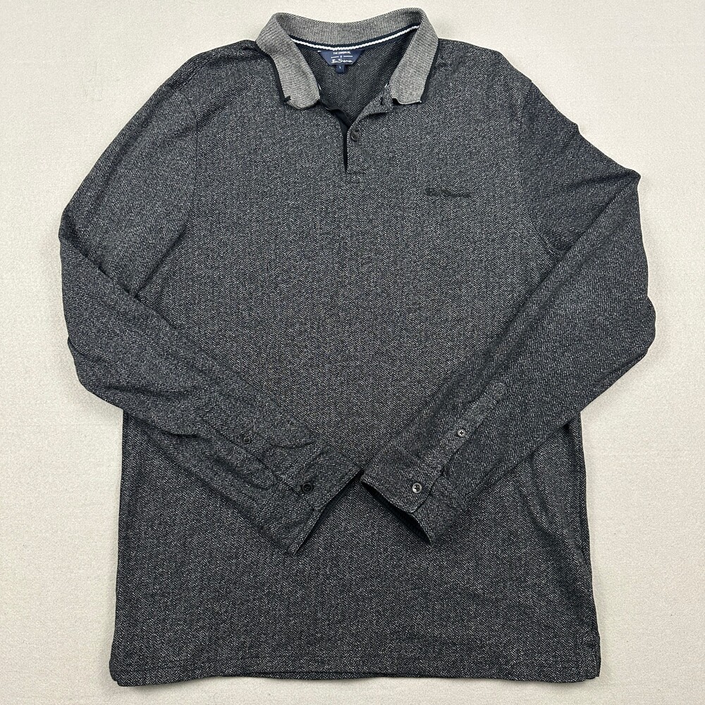 Ben Sherman Shirt Men Large Gray Herringbone Long Sleeve Polo Button Cuff L